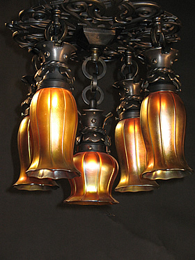 Pair of 5-Light Arts and Crafts Flush Fixture with Art Glass Shades